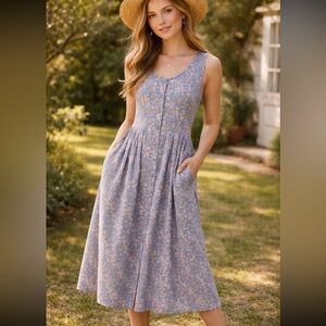 Vintage Northern Floral Midi Dress Prairie Cottagecore Button Front Pockets